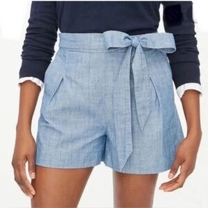 J. Crew Tie Waist Shorts Chambray Cotton Blue Denim Preppy  High Waist